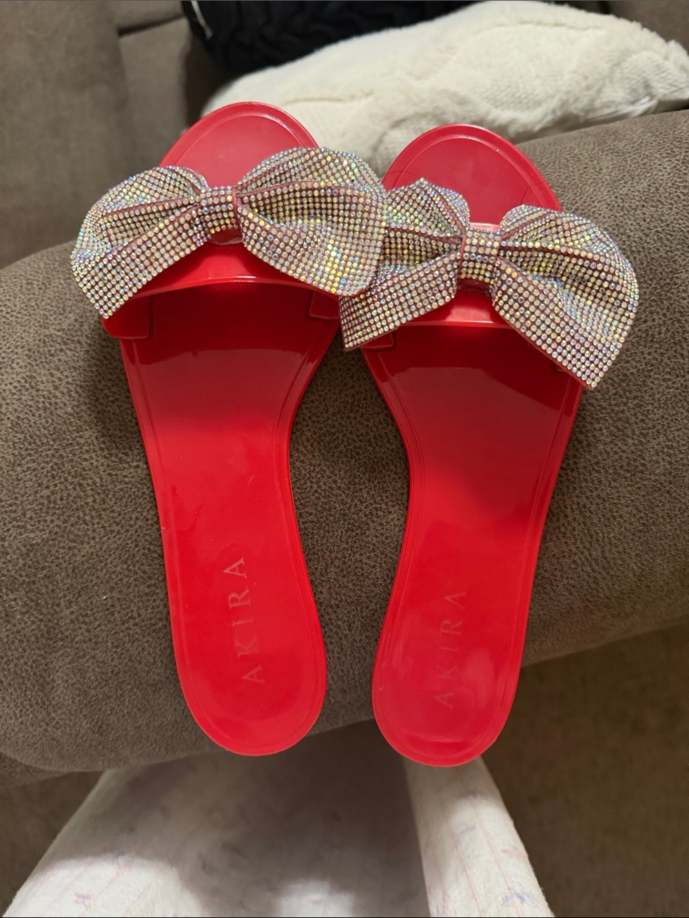 AKIRA Red Slide Sandals with Crystal Bow Accent